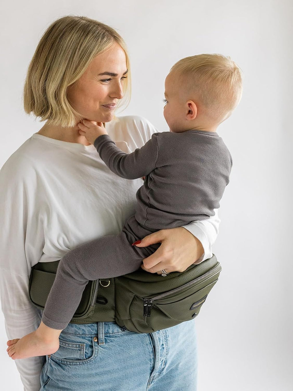 Tushbaby Original Hip Seat Baby Carrier for Babies & Toddlers up to 45 lbs, Safety Certified, Lightweight No-Foam Design with Storage, Olive