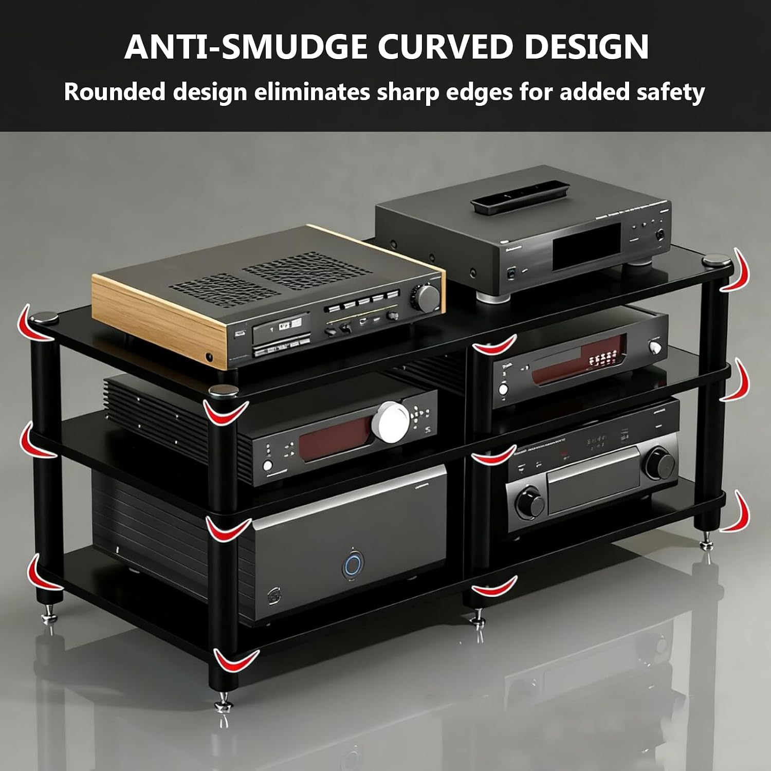 Heavy Duty AV Media Stand, Multifunctional Stacking Audio Component Rack with Shock-Absorbing Foot pegs, Audio Stand for Home Theater Studio (Black, Fourth Floor)