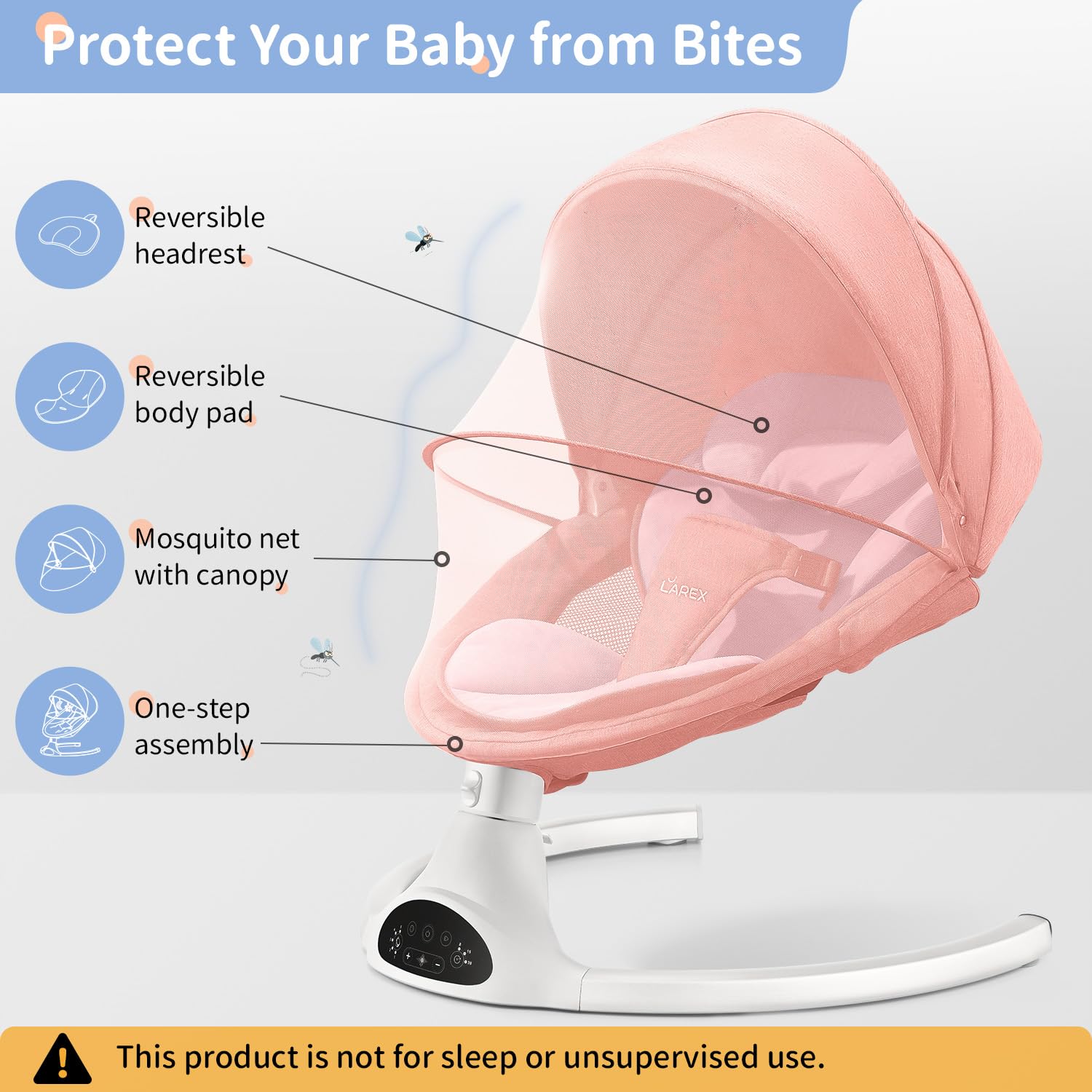 LAREX Baby Swing Infant Swing Electric Toddler Baby Rocker Portable for Newborn Boy Girl, 5 Sway Speeds with Remote Control, 10 Preset Melodies and Bluetooth, 0-6 Months Max 20 Lbs (Pink)