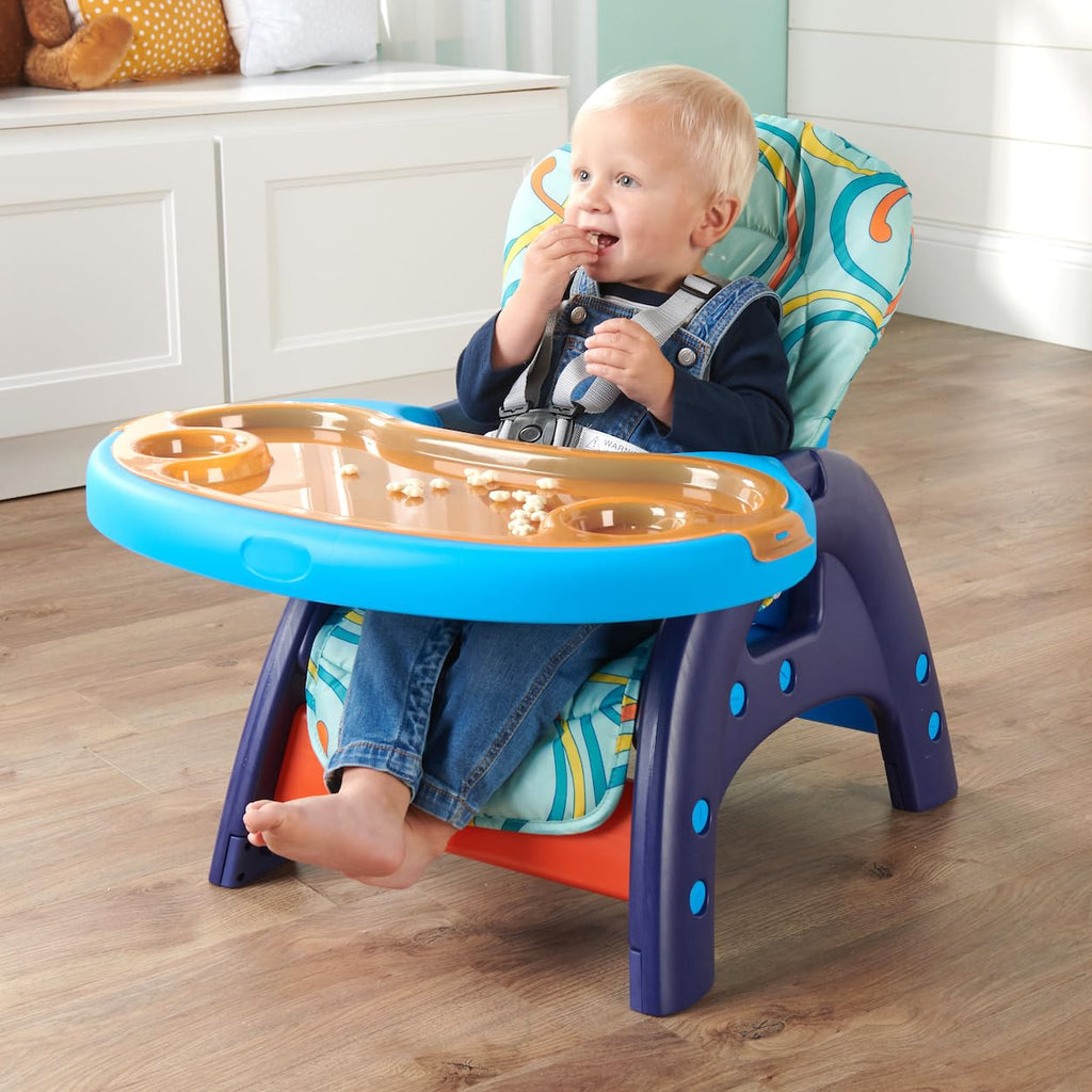 Badger Basket Envee II Convertible Baby High Chair with Infant Feeding Seat, Booster Seat, and Toddler Desk with Chair - Blue/Orange