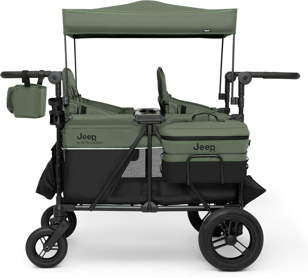 Delta Children - Jeep Wrangler Deluxe 4 Seater Stroller Wagon - Premium Quad Stroller Wagon for 4 Kids with Convertible Seats, Adjustable Push/Pull Handles, Removable Canopy & Flat Fold, Black/Green