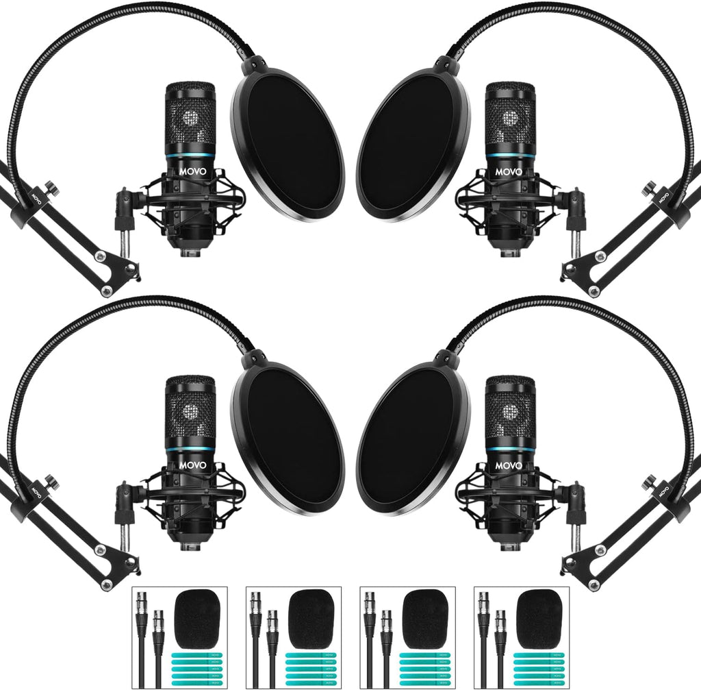 Movo PodPak4A 4-Pack Universal XLR Condenser Microphone Podcast Equipment Bundle for 4 - Includes Cardioid Mics, Desk Mount Stands, Shock Mounts, Pop Filters, and Audio Cables - Podcasting, YouTube