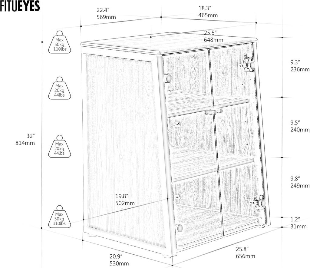 FITUEYES Design 4-Tier Media Stand with Brown Glass Doors Audio Rack with Adjustable Shelves Stereo Cabinet Protection Equipment for Vinyl Record Player Stereo Receivers Audio Gear, Eiffel Series