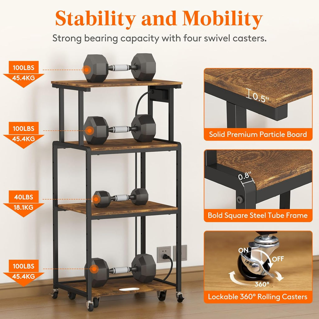 Lifewit 4 Tier Printer Stand with 3 Power Outlets, Wheels and Adjustable Storage Shelf for Home Office, Rolling Printer Cart for Shredder, Scanner, Fax, Hold 340lbs, Rustic Brown