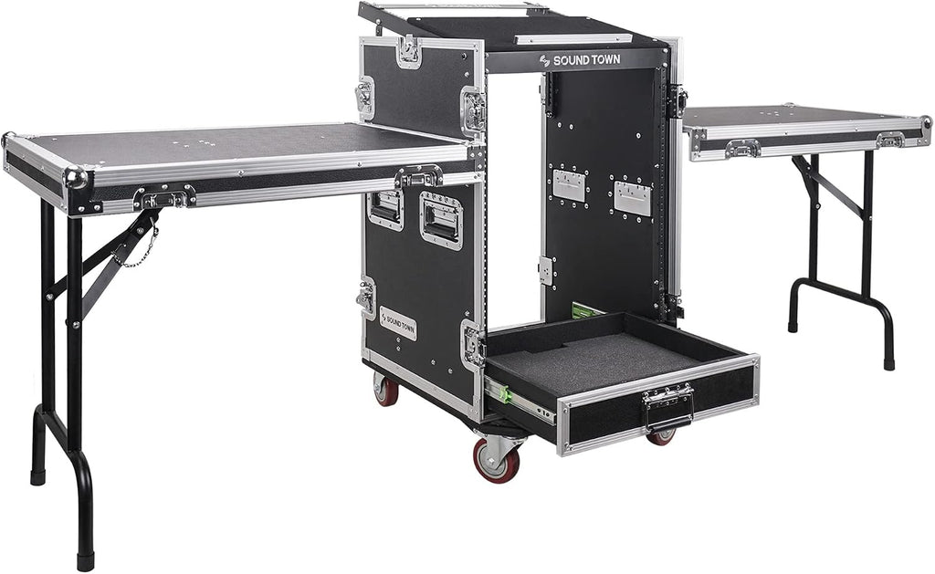 Sound Town 16U PA DJ Pro Audio Rack/Road ATA Case with 2U Drawer, 11U Slant Mixer Top, Two DJ Work Tables, Casters, Pro Tour Grade (MR-DR16UT2)