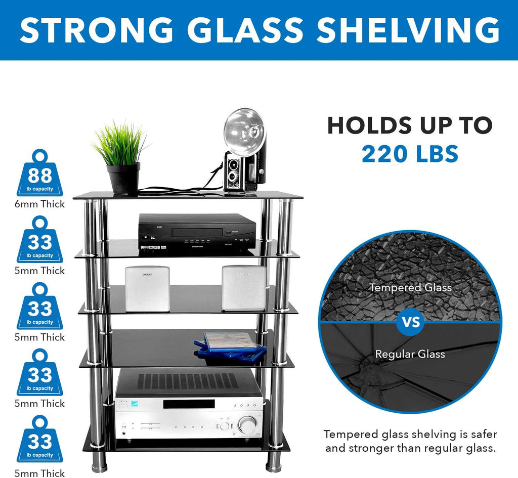 Mount-It! Tempered Glass AV Component Media Stand, Audio Tower and Media Center with 5 Shelves, 220 Lbs Total Capacity, Black Shelves Chrome Legs (MI-8671)