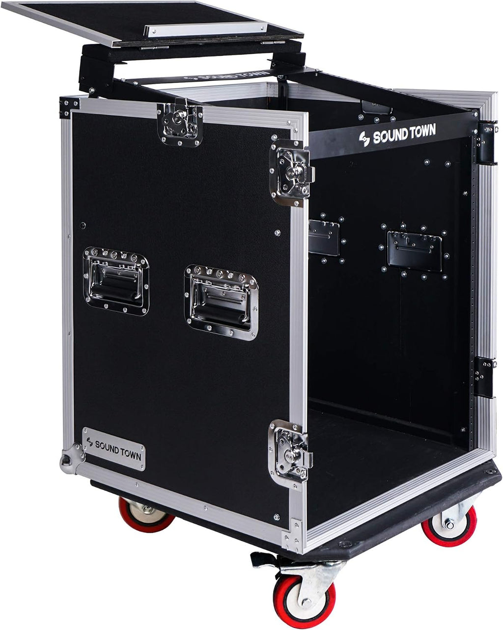 Sound Town Heavy-Duty 1/2' (12mm) Plywood 14U PA DJ Rack/Road ATA Case with 11U Slant Mixer Top, 20'' Rackable Depth, DJ Work Table and Casters, 14 Space Size, Pro Tour Grade (STMR-14UWT)