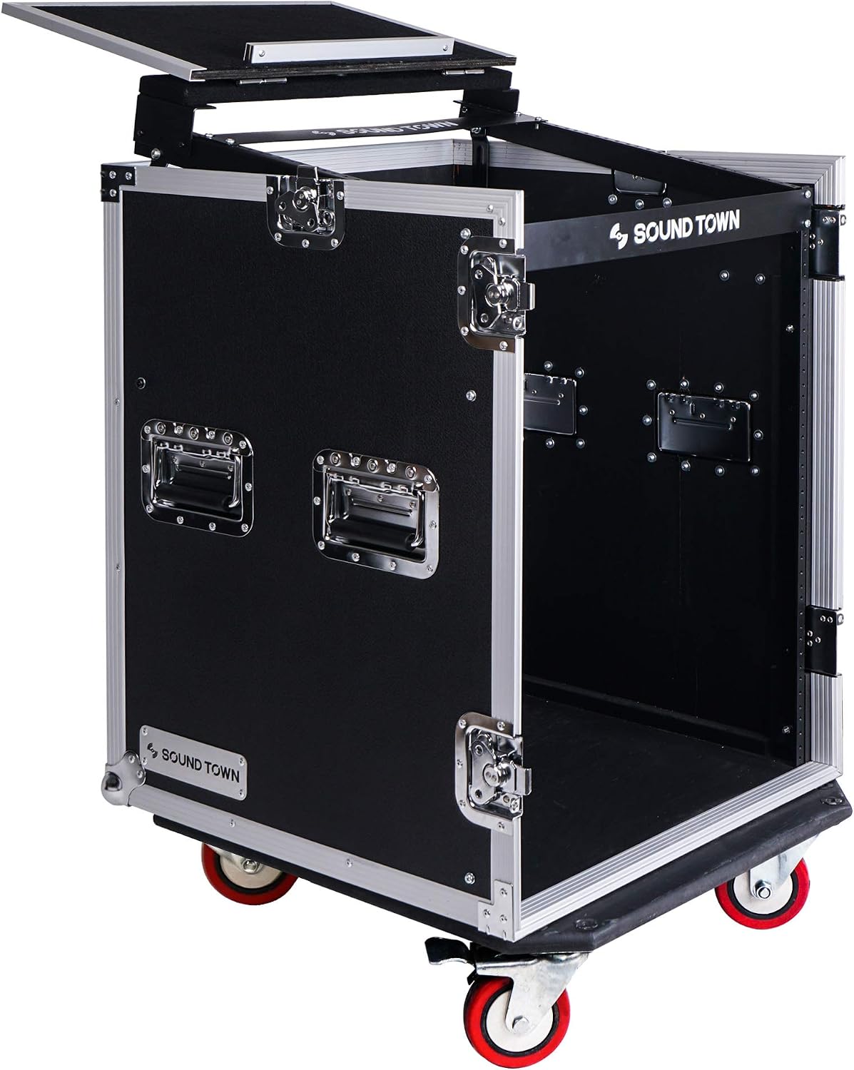 Sound Town Heavy-Duty 1/2' (12mm) Plywood 14U PA DJ Rack/Road ATA Case with 11U Slant Mixer Top, 20'' Rackable Depth, DJ Work Table and Casters, 14 Space Size, Pro Tour Grade (STMR-14UWT)