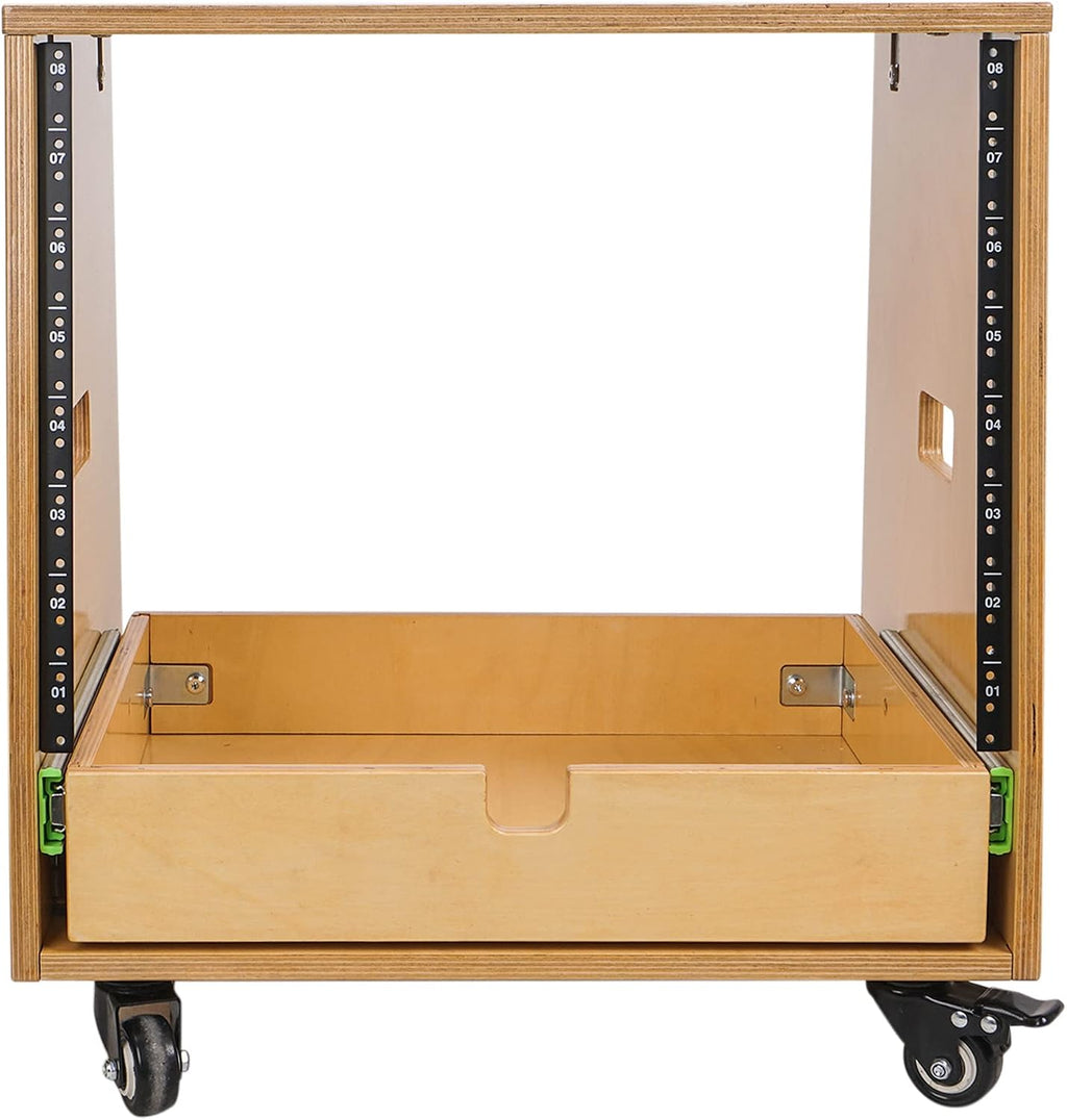 Sound Town 8U DIY Solid Baltic Birch Plywood Slanted Studio Rack with 8U Rack Space, Extra 2U Drawer, Rubber Feet, Casters, Golden Oak (SDRK-8TD2)
