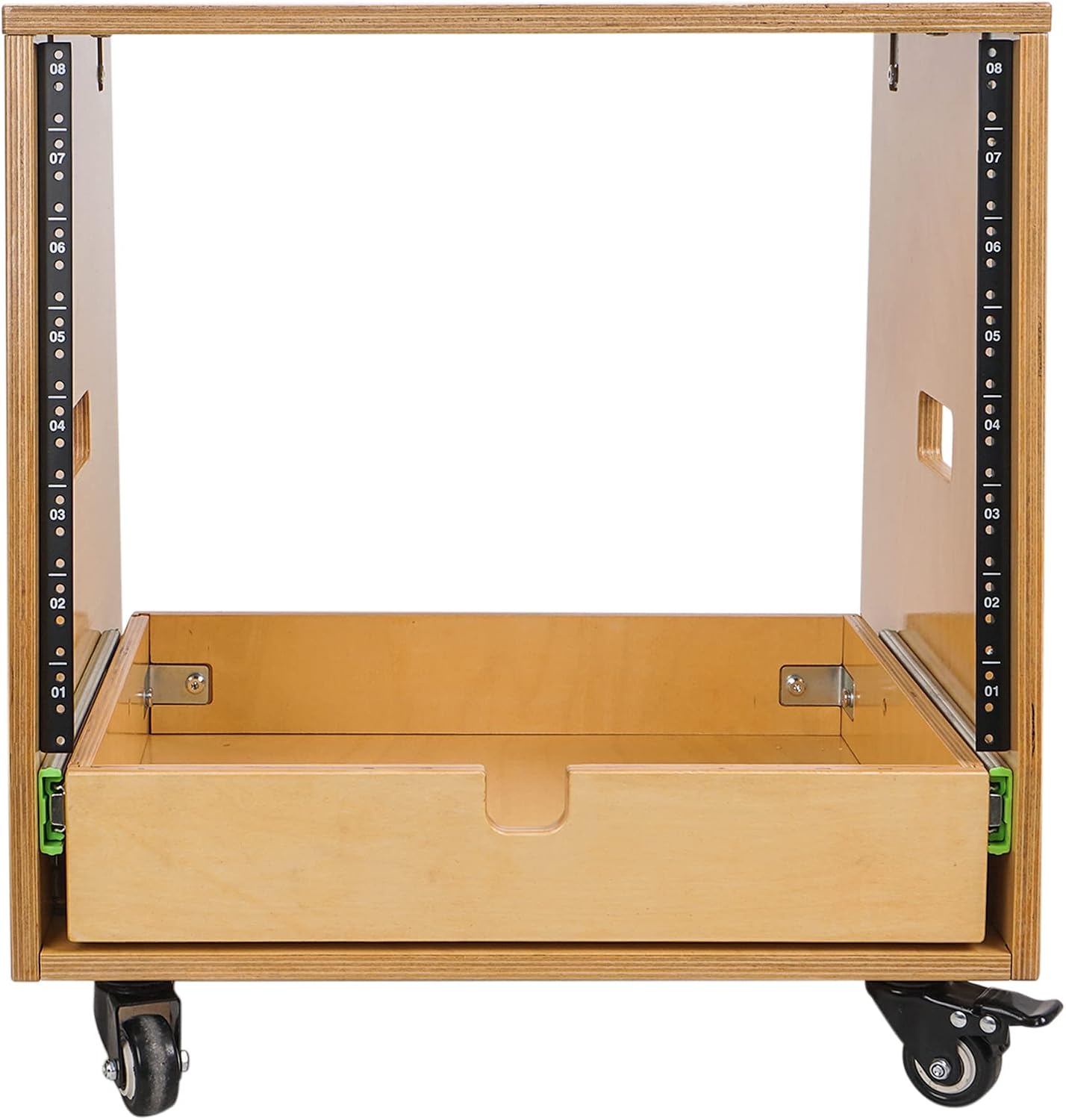 Sound Town 8U DIY Solid Baltic Birch Plywood Slanted Studio Rack with 8U Rack Space, Extra 2U Drawer, Rubber Feet, Casters, Golden Oak (SDRK-8TD2)