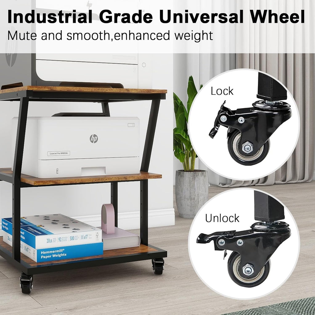 Natwind 3-Tier Large Printer Stand,23.6'x23.6'x29.5' Heavy-Duty Printer Table Cart with Paper Storage Shelf & Wheels,Ideal for Home Office Laser Printers, Copiers (Retro)
