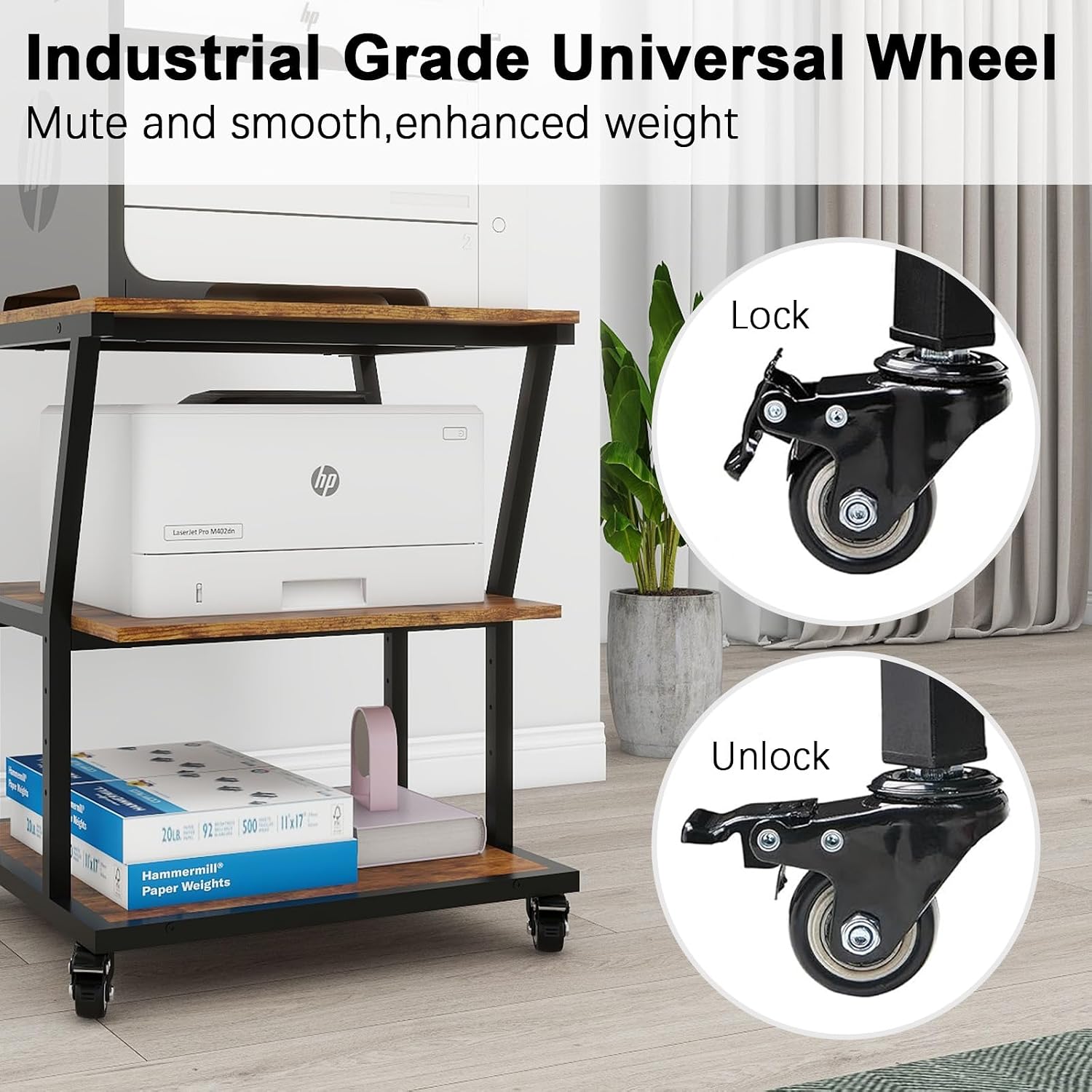 Natwind 3-Tier Large Printer Stand,23.6'x23.6'x29.5' Heavy-Duty Printer Table Cart with Paper Storage Shelf & Wheels,Ideal for Home Office Laser Printers, Copiers (Retro)