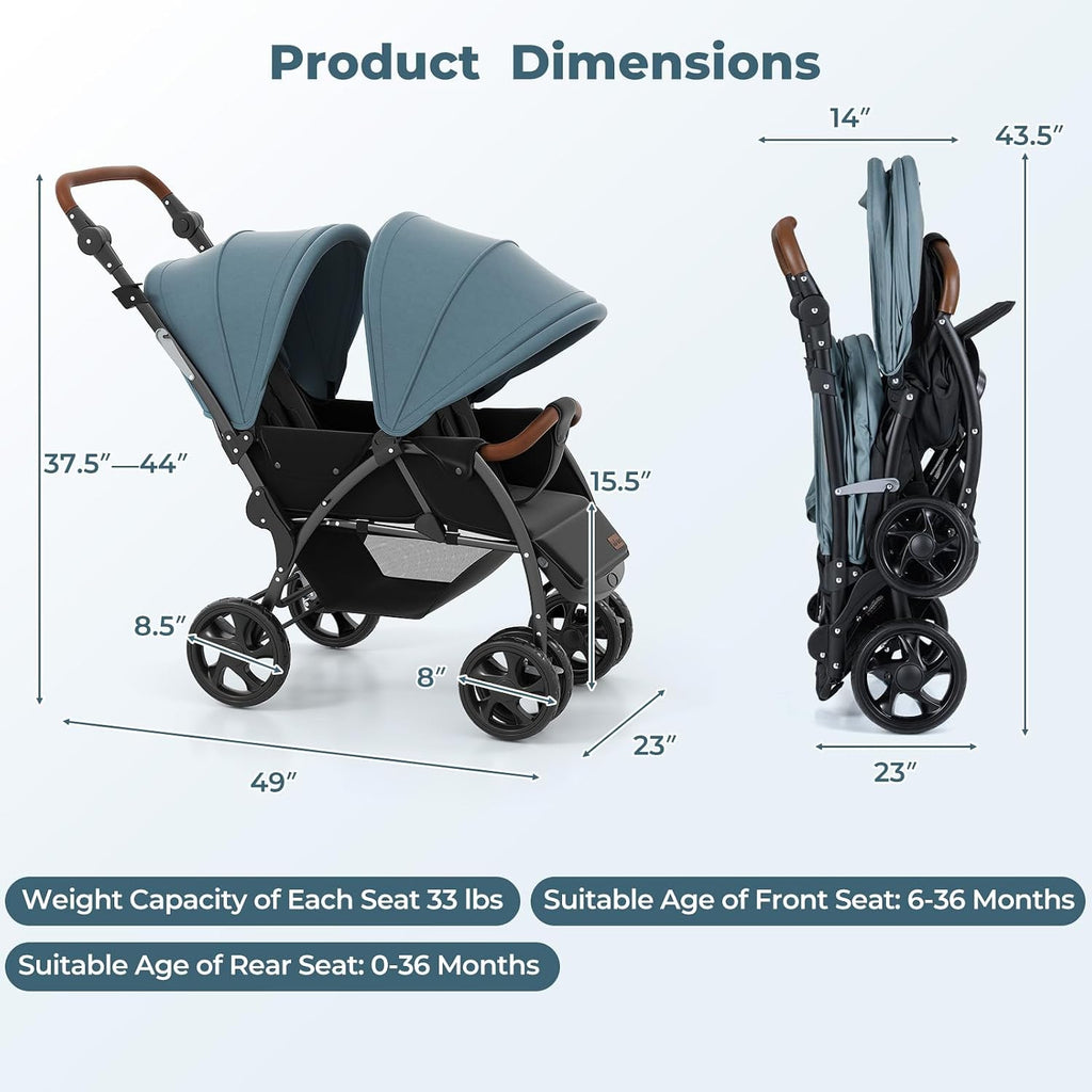 INFANS Double Stroller, Foldable Baby Tandem Stroller with Djustable Backrest Canopy Footrest, 5-Point Harness, Storage Basket, Convertible Compact Twin Stroller for Infants and Toddlers (Sage)