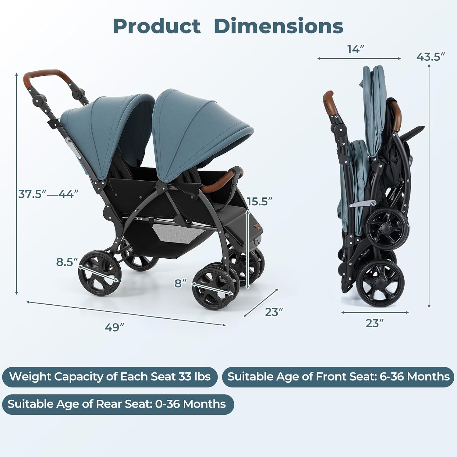 INFANS Double Stroller, Foldable Baby Tandem Stroller with Djustable Backrest Canopy Footrest, 5-Point Harness, Storage Basket, Convertible Compact Twin Stroller for Infants and Toddlers (Sage)