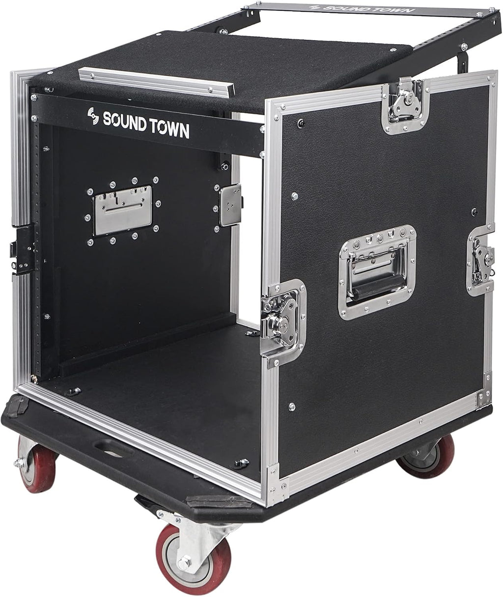 Sound Town Enhanced 1/2' (12mm) Plywood 10U PA DJ Pro Audio Rack/Road ATA Case with 11U Slant Mixer Top, 20'' Rackable Depth and Casters, 10 Space Size, Pro Tour Grade (STMR-10UW)