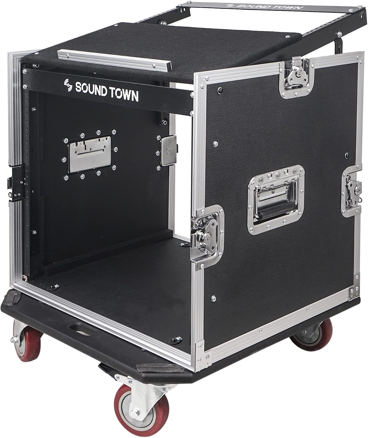 Sound Town Enhanced 1/2' (12mm) Plywood 10U PA DJ Pro Audio Rack/Road ATA Case with 11U Slant Mixer Top, 20'' Rackable Depth and Casters, 10 Space Size, Pro Tour Grade (STMR-10UW)