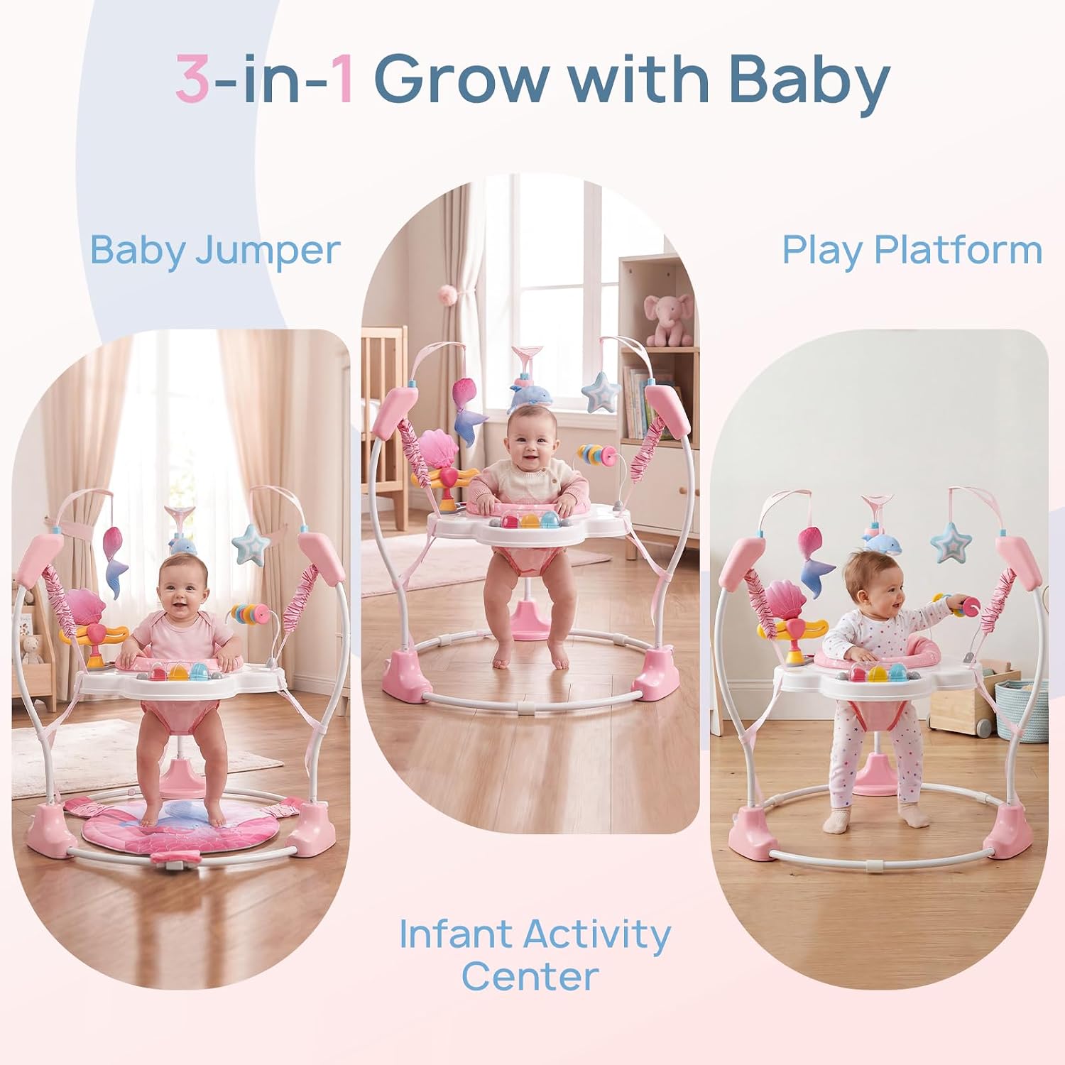 Baby Activity Center, Baby Jumper Activity Center with Music, Interactive Toys, 360° Rotating Seat, 3 Adjustable Heights, Infant Activity Jumper for 6+ Months (Mermaid)
