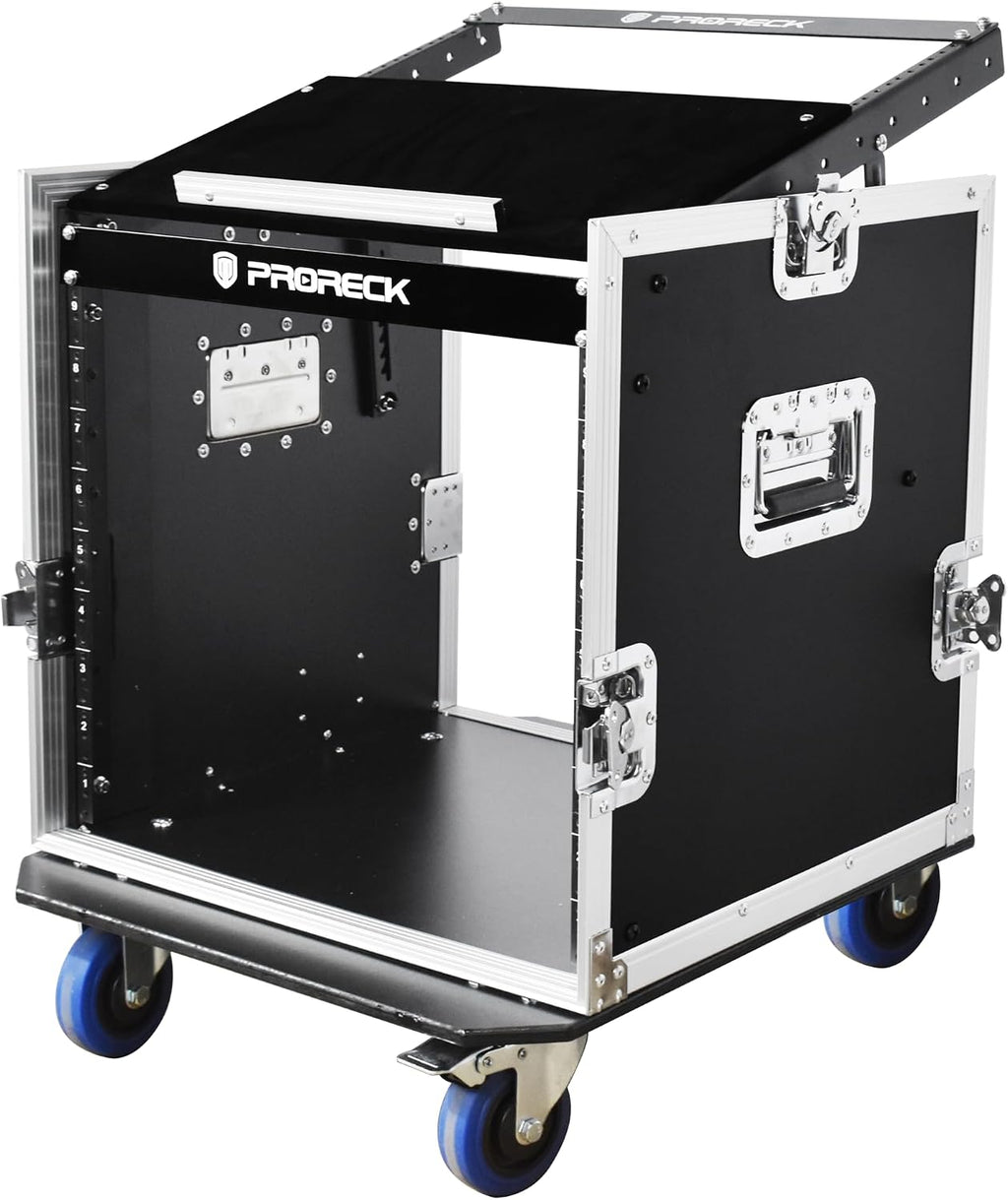 PRORECK 10U Rack/Road Case With Slant Mixer Top, And Casters, 20'' Rackable Depth, Plywood, 10U Installation Size, Pro Stage Performance.