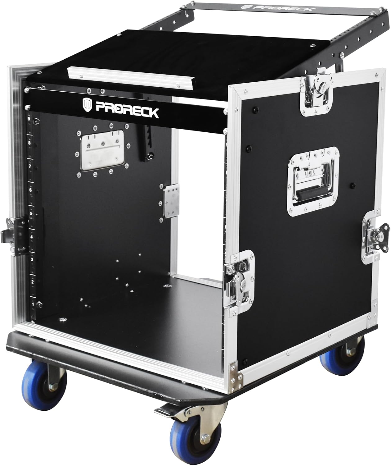 PRORECK 10U Rack/Road Case With Slant Mixer Top, And Casters, 20'' Rackable Depth, Plywood, 10U Installation Size, Pro Stage Performance.