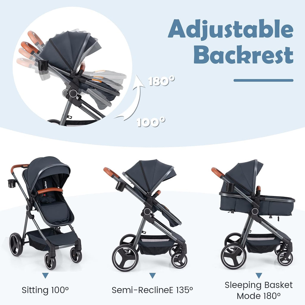 INFANS 2 in 1 Baby Stroller, Newborn Convertible Stroller Bassinet for Infant, Foldable High Landscape Shock Absorption with Reversible Seat, Aluminum Structure for Toddler Pushchair 0-36 Month