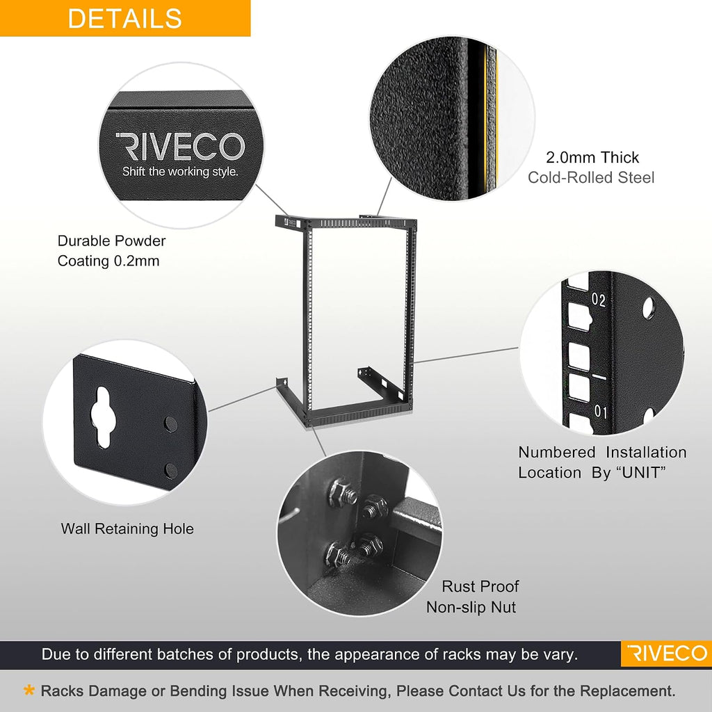 RIVECO 18U 19' Wall Mount Server Rack – 17.7' Deep 2 Post Open Frame Cabinet Easy Assembly Firm Constructed Shelf for Internet/Network/AV/Data Home Equipment/Patch Panel Heavy Duty Light Weight Black