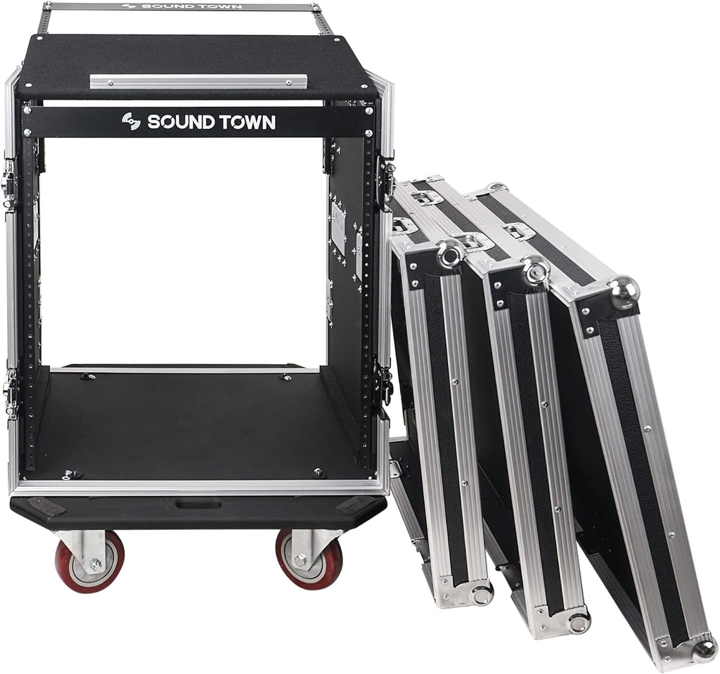 Sound Town High-Quality 1/2' (12mm) Plywood 12U PA DJ Pro Audio Rack/Road ATA Case with 12U Slant Mixer Top, Locking Drawer, 20.2'' Rackable Depth and Casters (STMR-12D2)