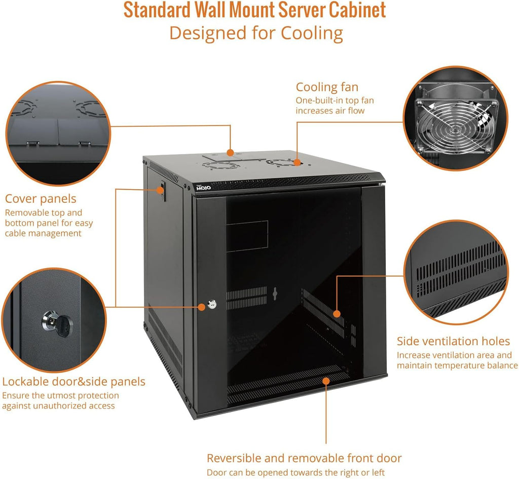 Tecmojo 12U Wall Mount Server Cabinet IT Network Rack Enclosure Lockable Door and Side Panels Black,Cooling Fan,Glass Door,17.7inch Depth,for 19' IT Equipment,A/V Devices