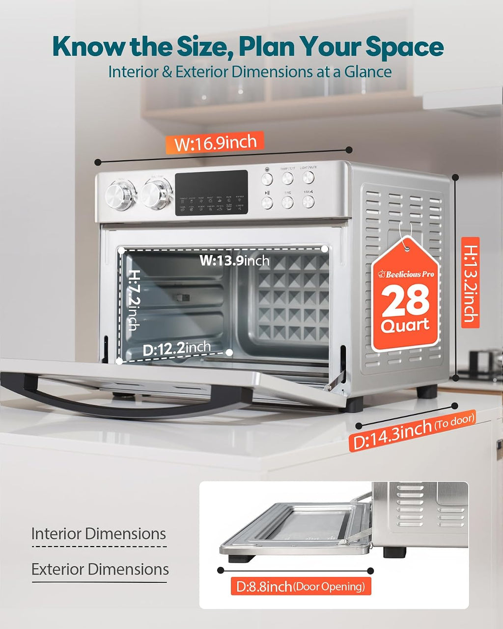 28QT Air Fryer Toaster Oven Combo, Large 12-in-1 Convection Countertop Oven with Next-Gen HeatWave Convection, 3-Layer Cooking, Rotisserie for Chicken, Fits 11' Pizza, All Accessories, Stainless Steel