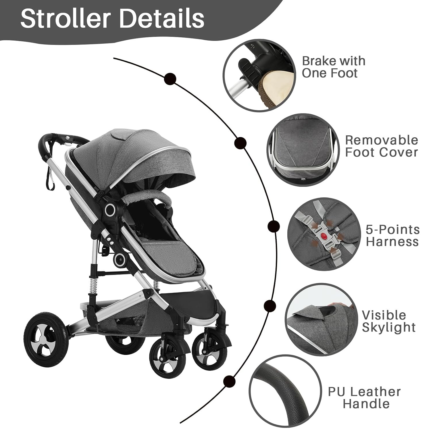 2 in 1 Baby Stroller, Convertible Pushchair Stroller w/Reversible Seat, Foldable Newborn Pram Carriage, Adjustable Canopy, Storage Basket, Diaper Bag & Cup Holder, 0-36 Months (Dark Gray)