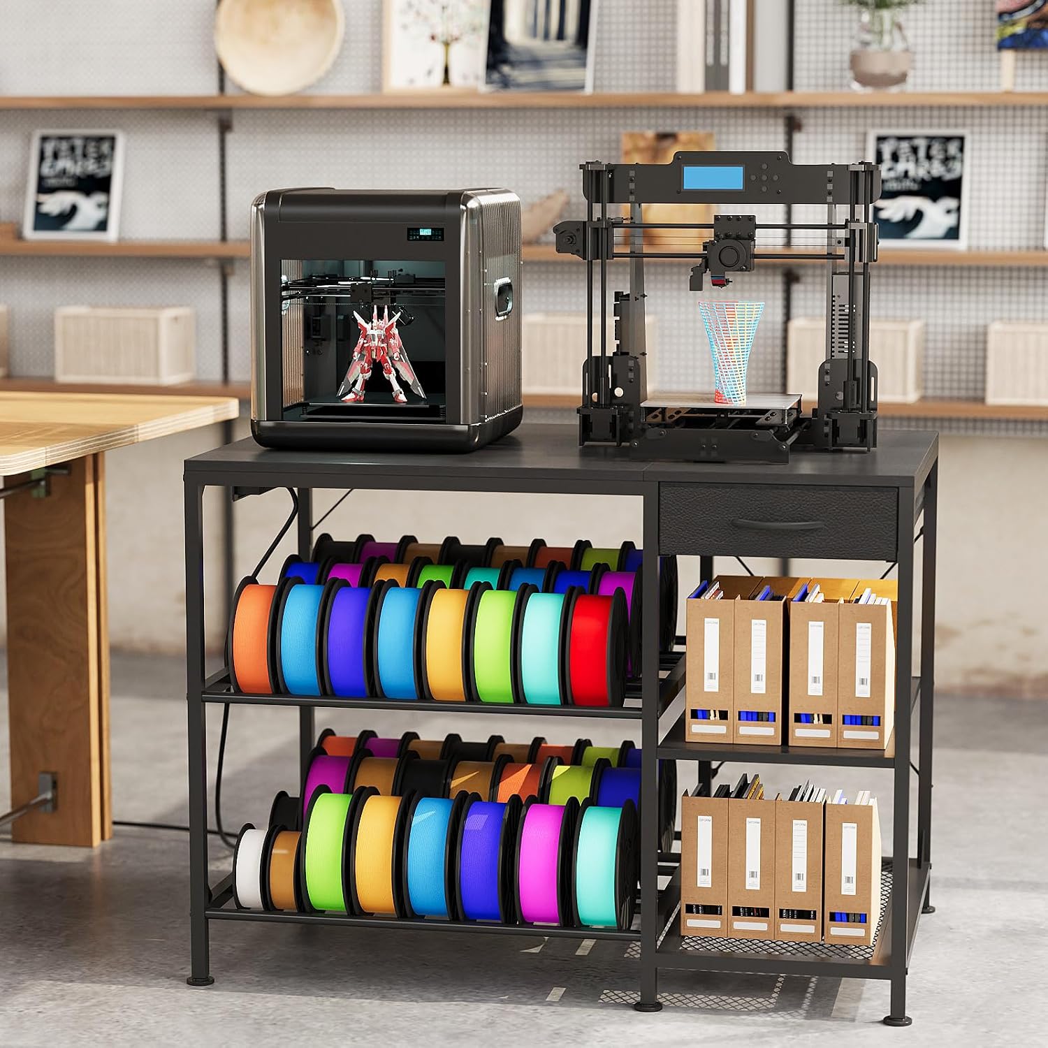 3D Printer Table with Filament Storage, 3-Tier 3D Printer Stand with Power Outlet & Drawer, Heavy Duty 3D Printer Rack for Workshop Studio Office (Black)