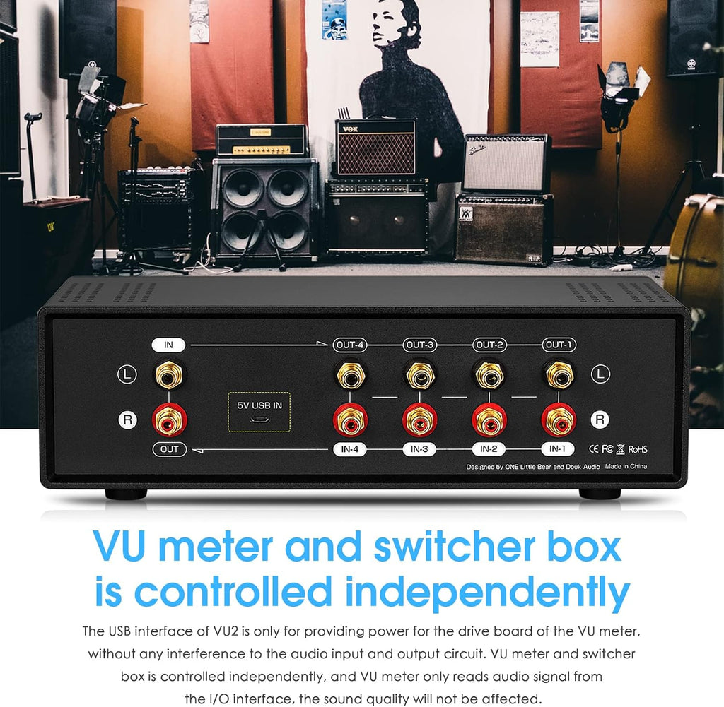 Douk Audio VU2 MIC & Line Dual VU Meter, Analog Sound Level Indicator, 4-Way Splitter Switch, Audio Switcher Box for Speaker/Amplifier/Preamp (Blue Version)