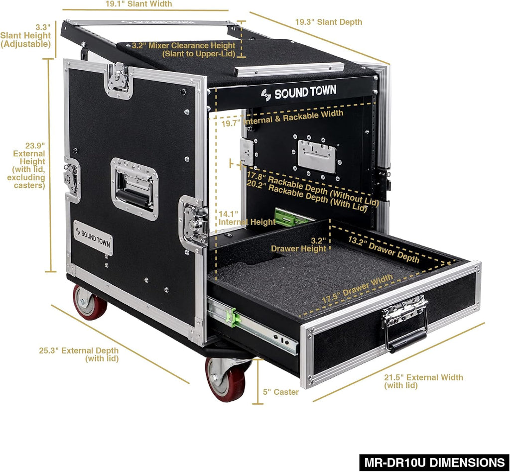 Sound Town 10U PA DJ Pro Audio Rack/Road ATA Case with 2U Drawer, 11U Slant Mixer Top, DJ Work Table, Casters, Pro Tour Grade (MR-DR10U)