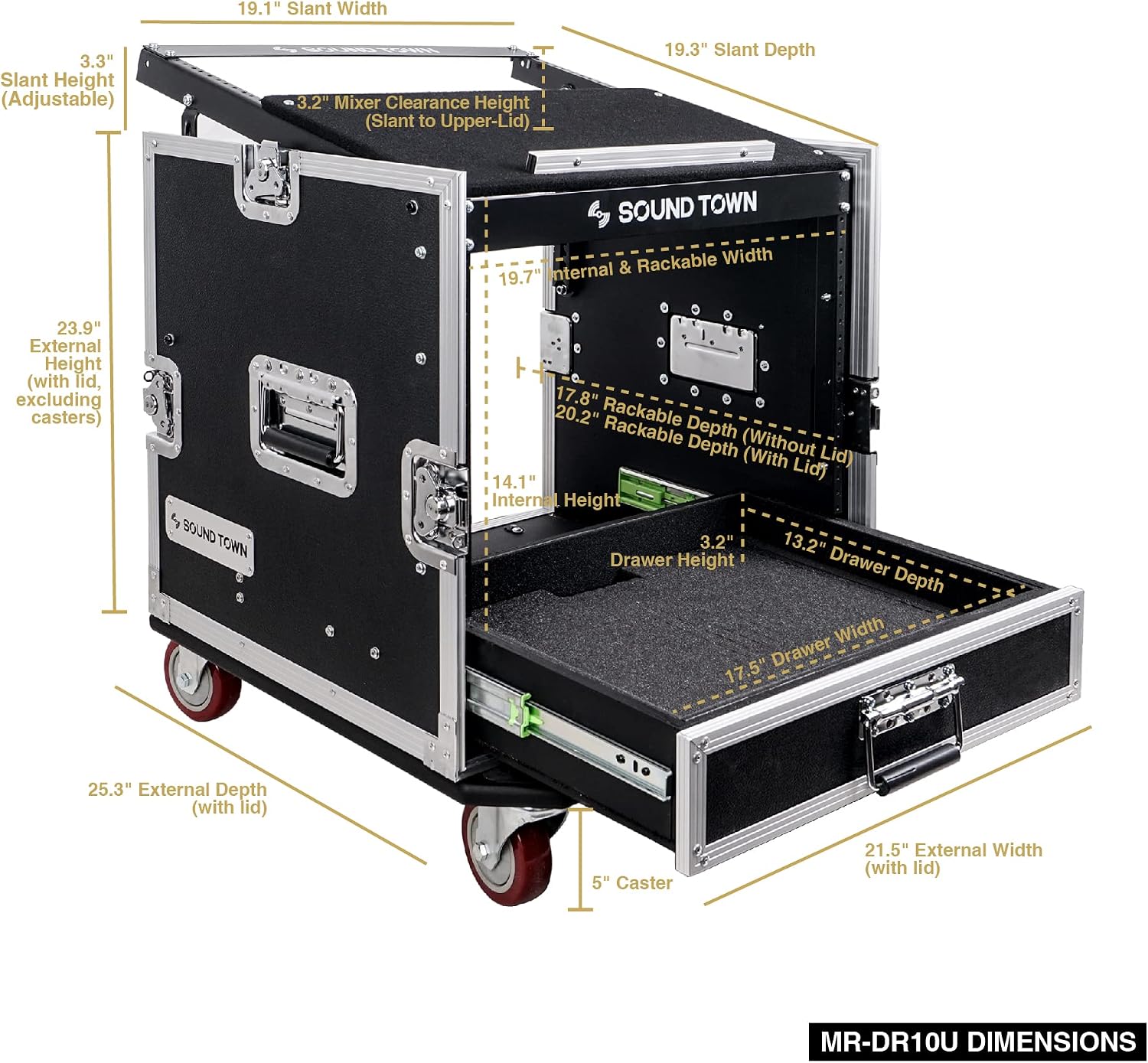 Sound Town 10U PA DJ Pro Audio Rack/Road ATA Case with 2U Drawer, 11U Slant Mixer Top, DJ Work Table, Casters, Pro Tour Grade (MR-DR10U)