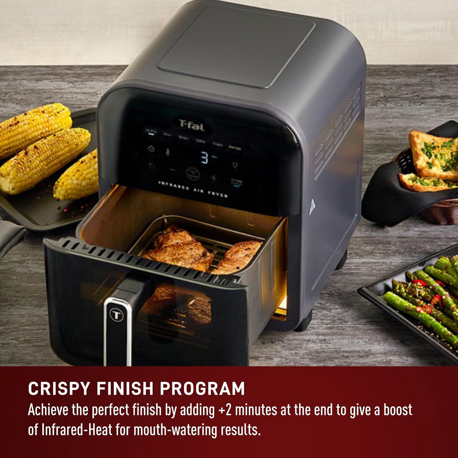 T-fal Infrared Air Fryer, 2x Faster Than Traditional Heating*, Large Air Fryer Toaster Oven Combo, 6 Qt Digital Touch Screen, 7-in-1 Cooking Functions, No-Shake Technology, 1550W, Black,