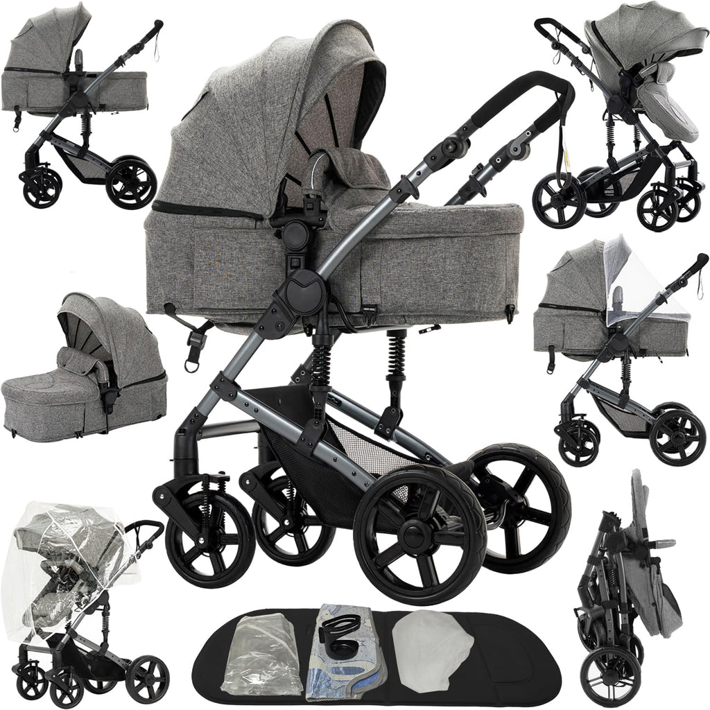 2 in 1 Baby Stroller, Convertible Reversible Infant Stroller with One-Click Folding, Newborn Toddler Travel Stroller Standard Carriage Pram (2US588-GREY)