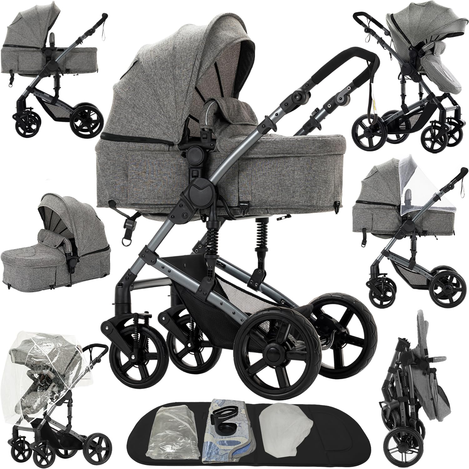 2 in 1 Baby Stroller, Convertible Reversible Infant Stroller with One-Click Folding, Newborn Toddler Travel Stroller Standard Carriage Pram (2US588-GREY)