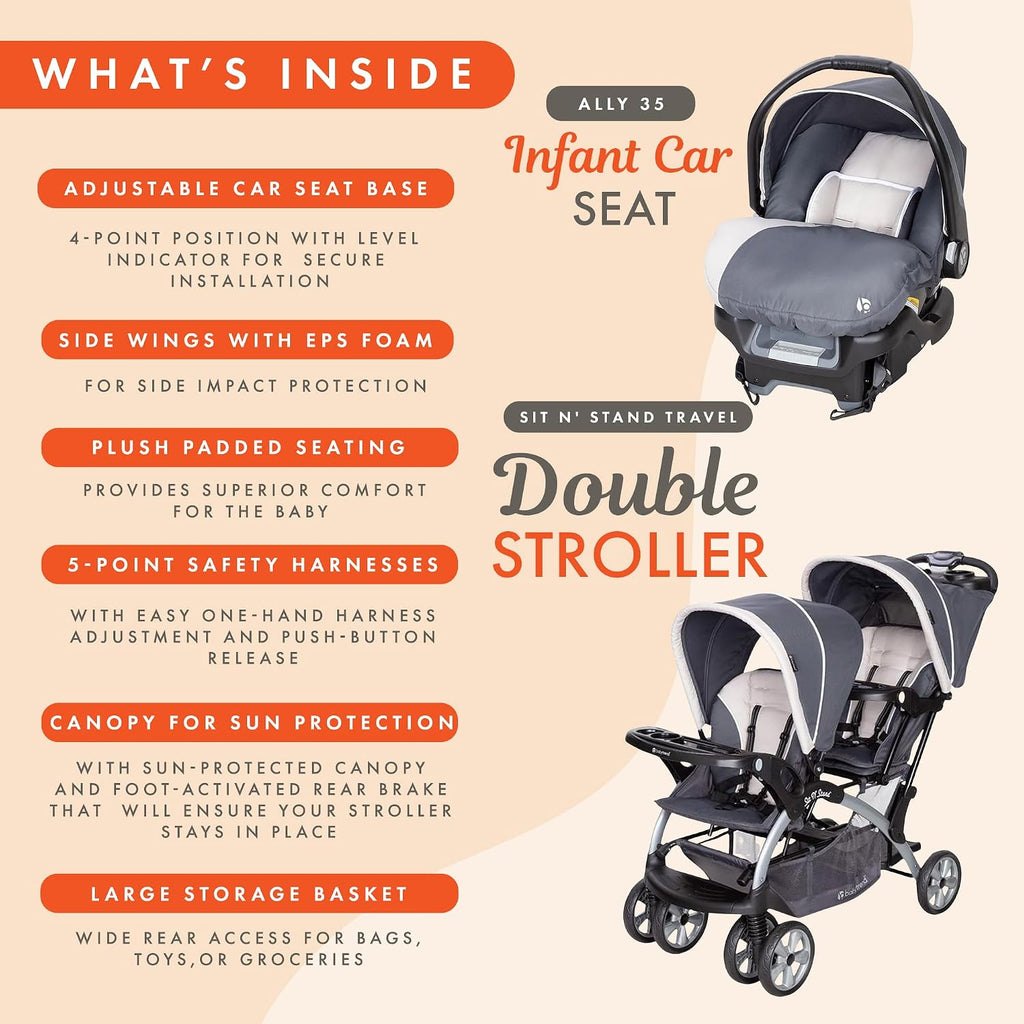 Baby Trend Infant and Toddler Double Stroller & Car Seat Combo, 2 Pc Set, Magnolia - Portable and Lightweight Stroller Duo and Car Seat Travel System Tandem