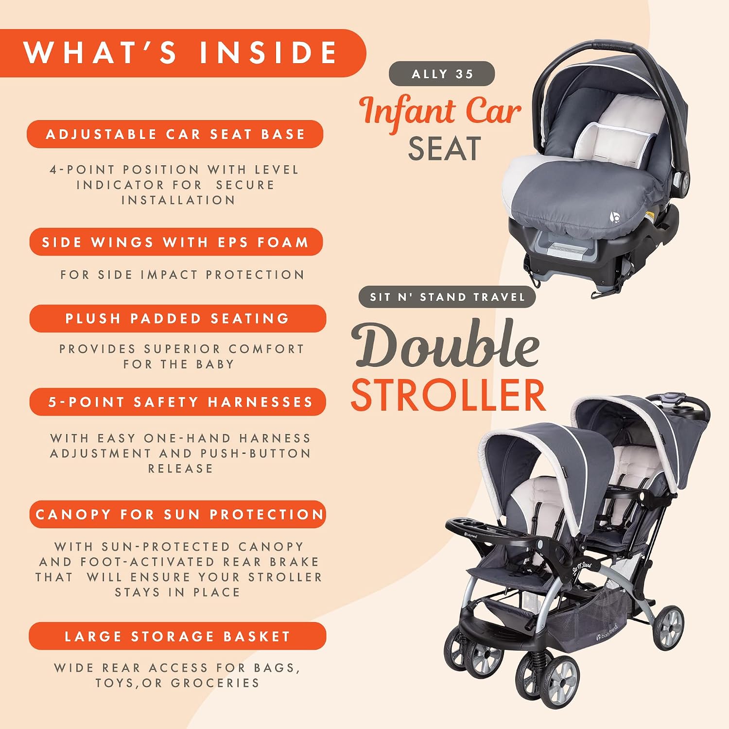 Baby Trend Infant and Toddler Double Stroller & Car Seat Combo, 2 Pc Set, Magnolia - Portable and Lightweight Stroller Duo and Car Seat Travel System Tandem