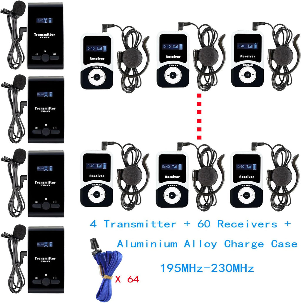 EXMAX Portable Interpreting Solutions ATG-100T 195MHz for Court Interpreters for Courthouses, Churches, International Conference(4 Transmitters and 60 Receivers + Aluminium Alloy Charge Case)