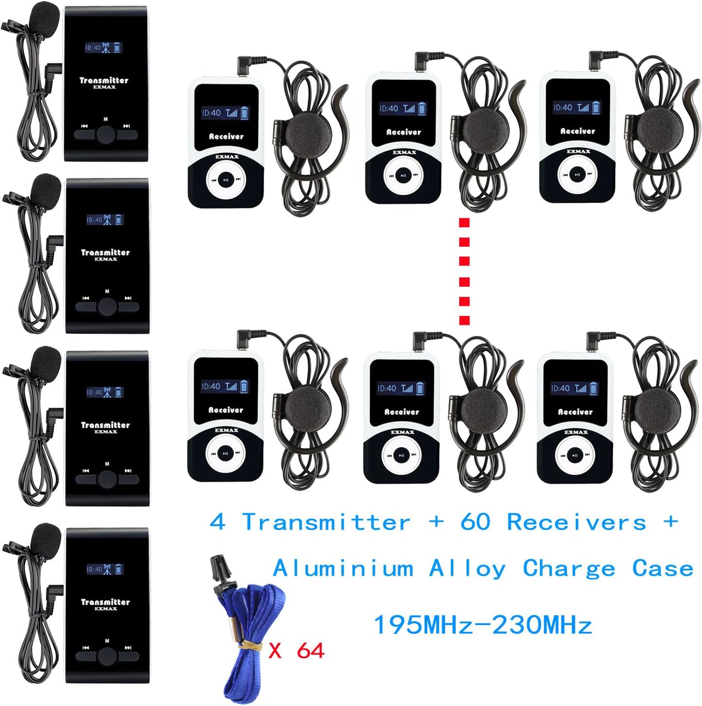 EXMAX Portable Interpreting Solutions ATG-100T 195MHz for Court Interpreters for Courthouses, Churches, International Conference(4 Transmitters and 60 Receivers + Aluminium Alloy Charge Case)