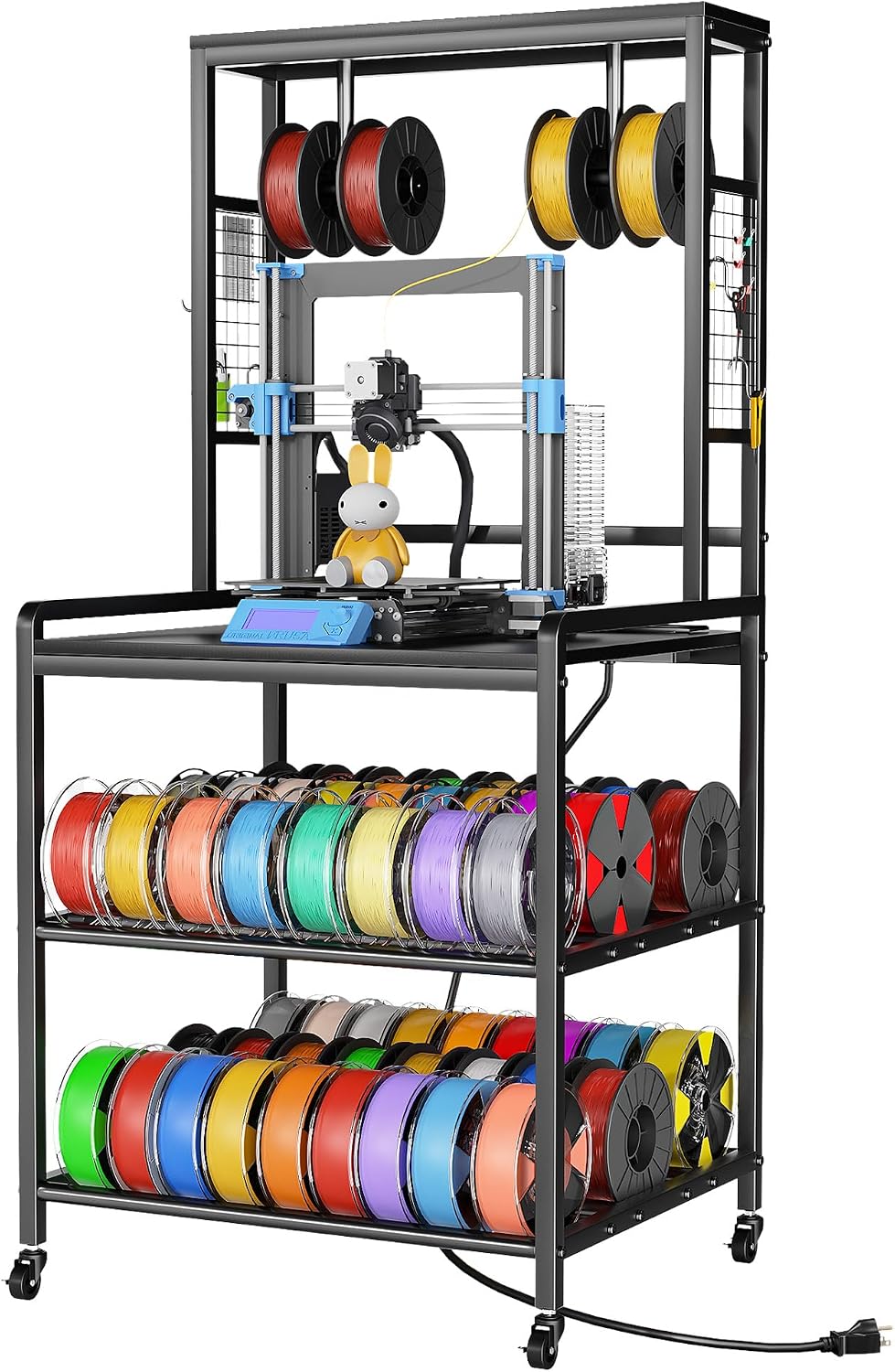 kepptory 3D Printer Stand with Filament Storage, Heavy Duty 3D Printer Table with Charging Station, Rolling Printer Cart Filament Storage Rack for PLA, ABS, PETG for Workshop/Office/Garage (Black)