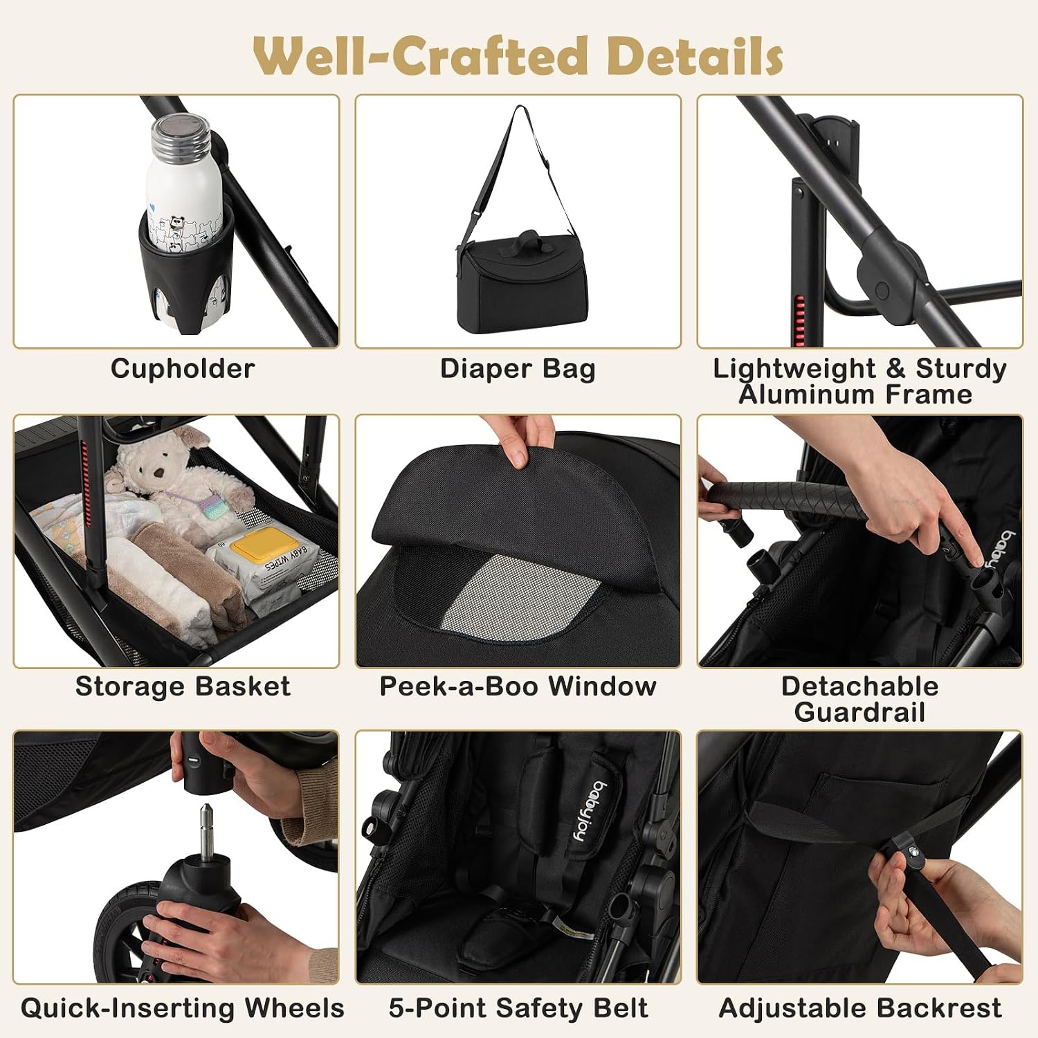 BABY JOY 2 in 1 Convertible Baby Stroller, High Landscape with Bassinet Mode, Reversible Seat, Adjustable Canopy, Cup Holder, Diaper Bag, Foldable Infant Newborn Pram Stroller for 0-36 Months (Black)
