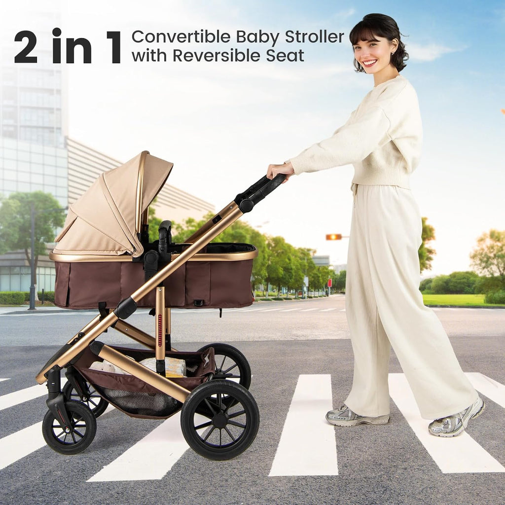 INFANS 2 in 1 Baby Stroller, Folding Newborn Pram Convertible Stroller Bassinet for Infant Foldable High Landscape Shock Absorption with Reversible Seat Aluminum Structure for Pushchair