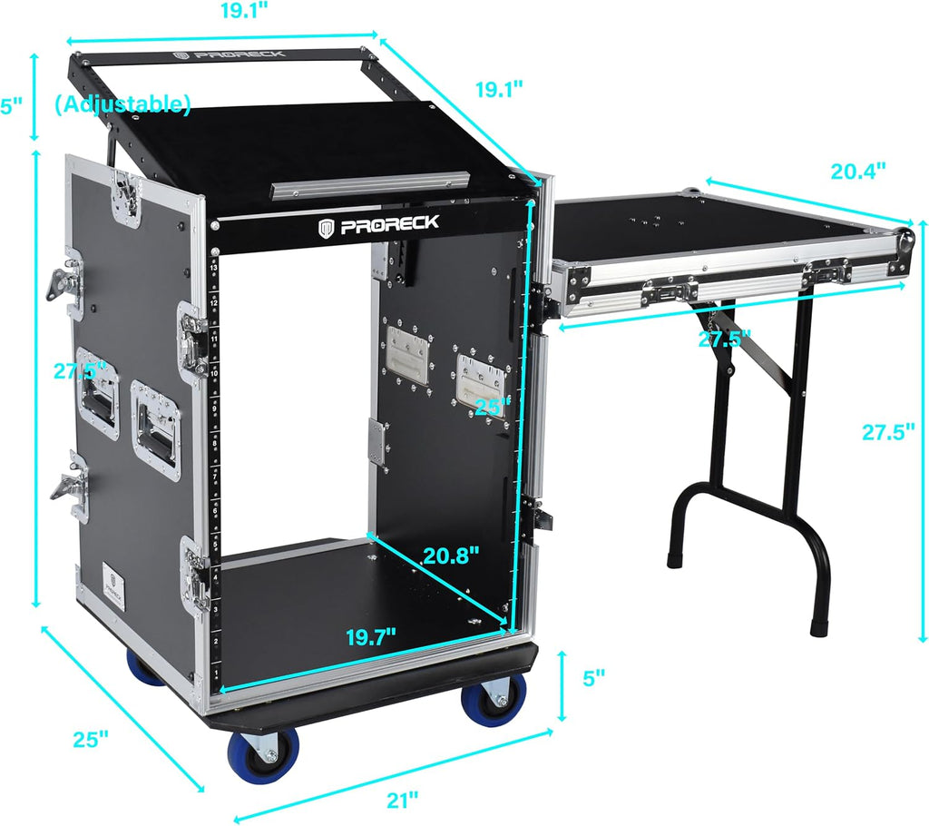 PRORECK 14U Rack/Road Case With Slant Mixer Top, One Side Table And Casters, 20'' Rackable Depth, Plywood, 14U Installation Size, Pro Stage Performance.