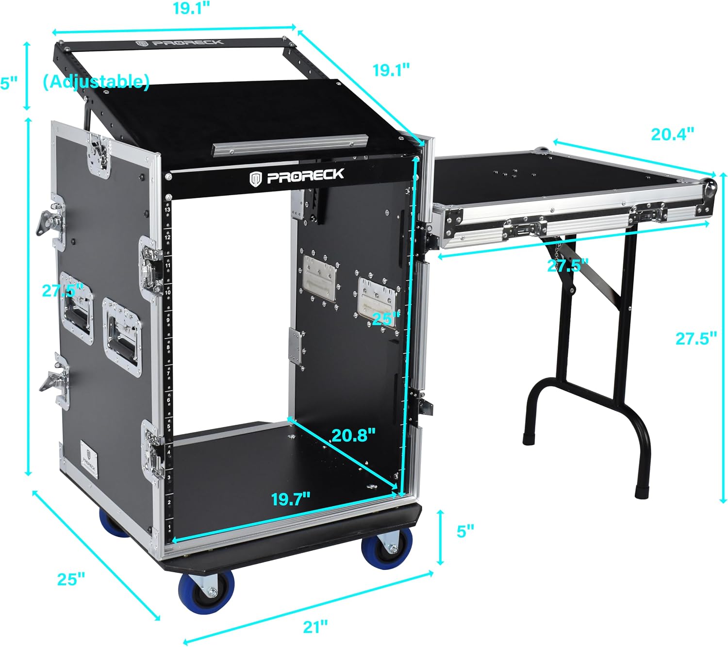 PRORECK 14U Rack/Road Case With Slant Mixer Top, One Side Table And Casters, 20'' Rackable Depth, Plywood, 14U Installation Size, Pro Stage Performance.