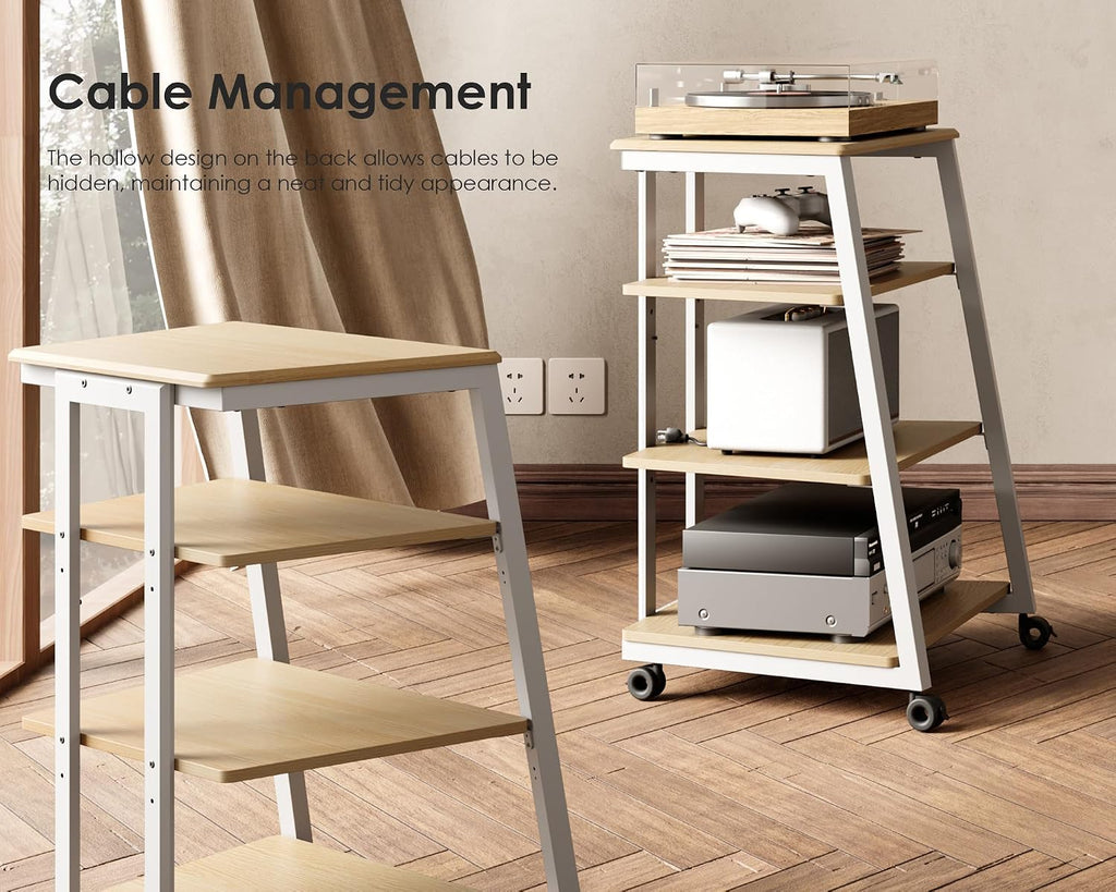 FITUEYES Design 4-Tier AV Media Stand Corner Shelf Stand Wooden Corner Shelves Component Cabinet Stereo Rack Audio Tower with Height Adjustable Wooden Shelves for ps4 (White Oak)