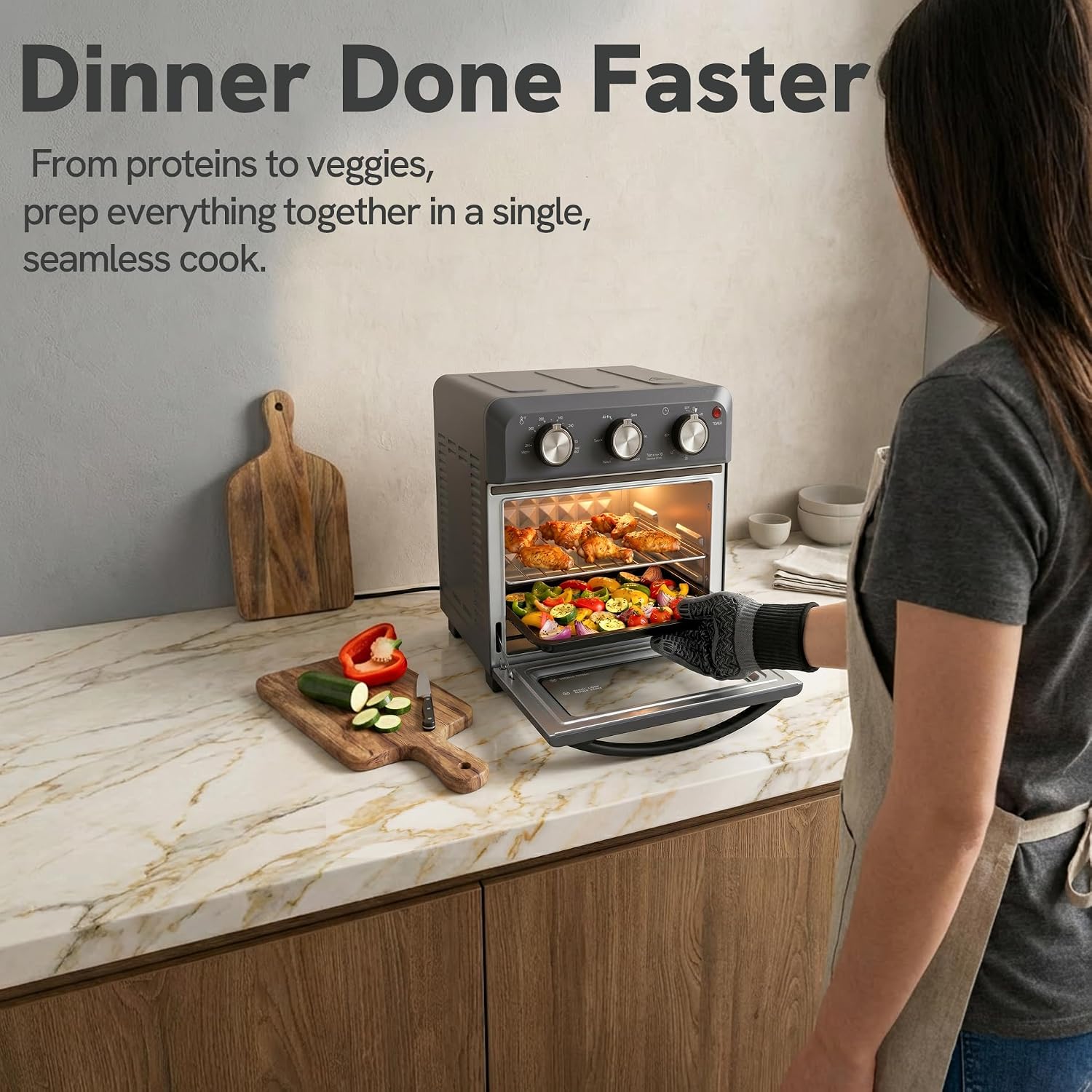 VAL CUCINA 6-in-1 Air Fryer Toaster Oven Combo, Compact 12.7 QT Small Countertop Convection Oven, Fits 9' Pizza & 4 Toast, Hexagon Hybrid Heating, Enamel Baking Pan