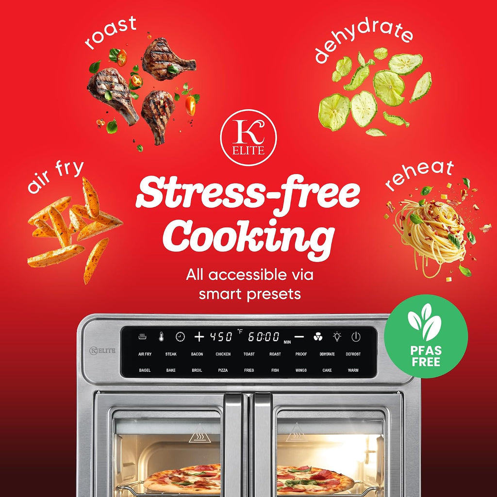 Kitchen Elite 26 Quart French Door Air Fryer Oven – Family Size Countertop Convection Cooker with LED Display, Stainless Steel