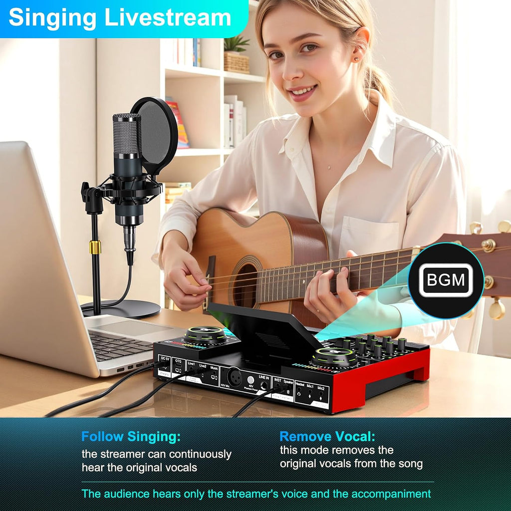 Podcast Microphone Bundle with Live Sound Board Audio Mixer, Podcast Equipment Bundle with 3.5mm Condenser Microphone(P15) for Pc/Phone Live Streaming Singing Gaming, Voice Changer, Denoise