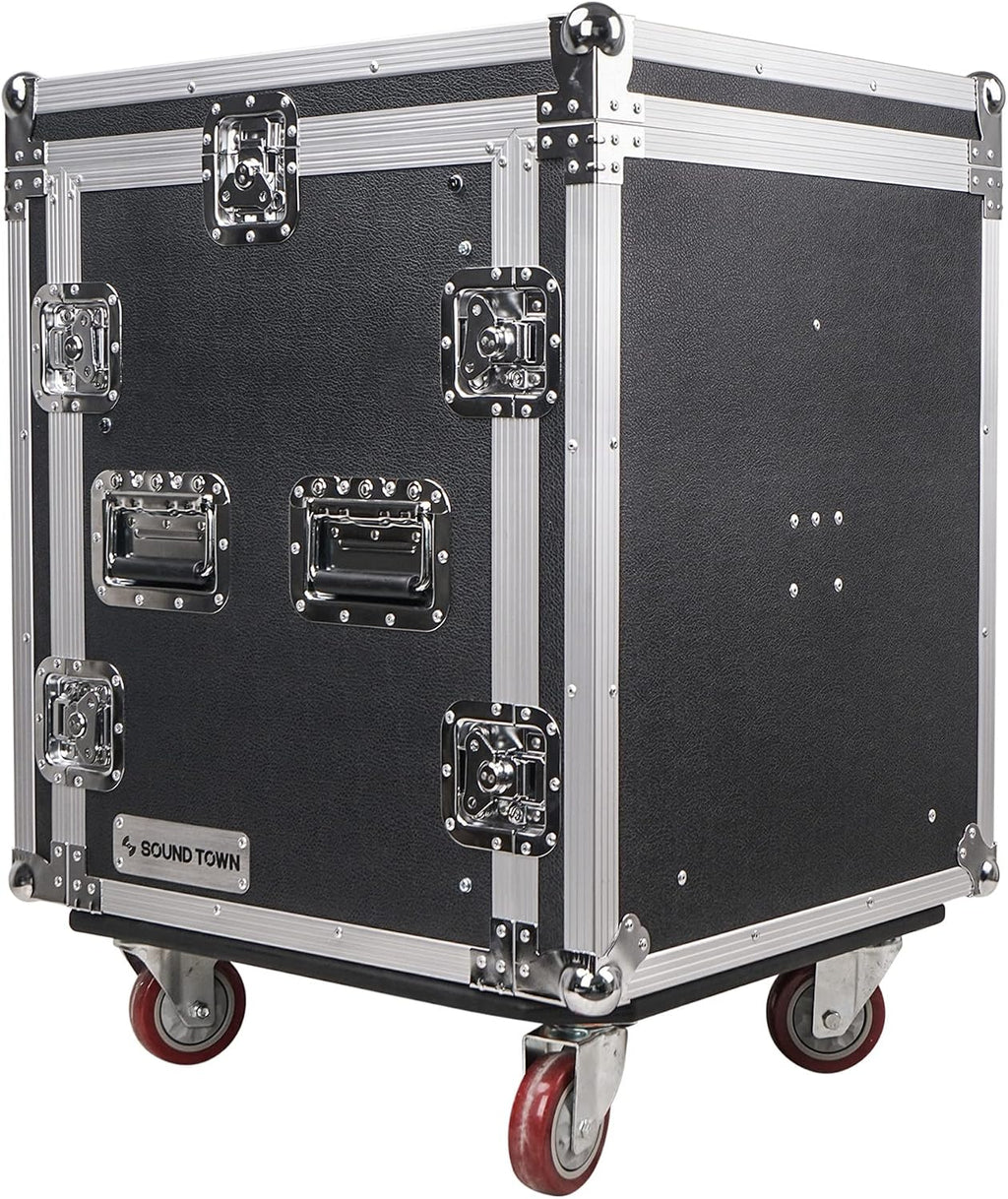 Sound Town Enhanced 1/2' (12mm) Plywood 12U PA DJ Rack/Road ATA Case with 11U Slant Mixer Top, 20'' Rackable Depth and Casters, 12 Space Size, Pro Tour Grade (STMR-S12UW)